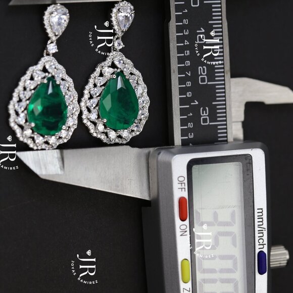Teardrop Earrings with Emerald Green CZ and Clear CZ in Sterling Silver .925. - Picture 7 of 7